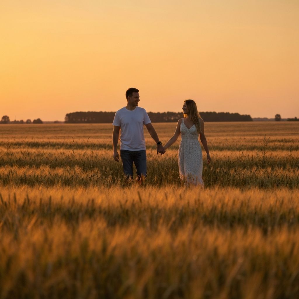 Szczesliwa para spacerujaca po polu